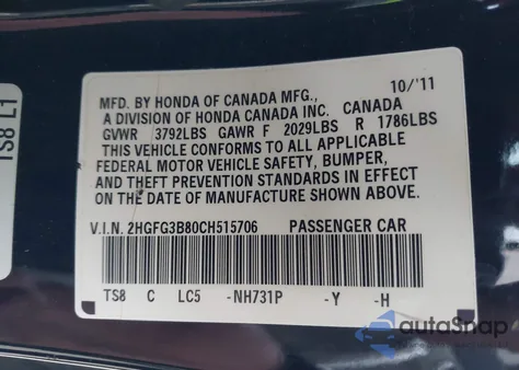 2012 Honda Civic Ex z USA, uszkodzony, nr VIN 2HGFG3B80CH515706